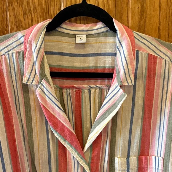 Old Navy Blue, White, Pink, Red, and Sage Striped Shirt - Tie-Front - Picture 4 of 11